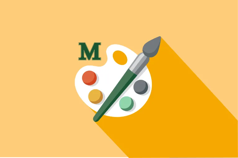 Icon of an art palette and paintbrush with a Marywood M logo in green against a gold background.